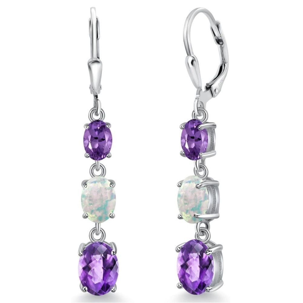 925 Sterling Silver with 5.30 Cttw 3 Stone Amethyst and White Opal Drop Earrings